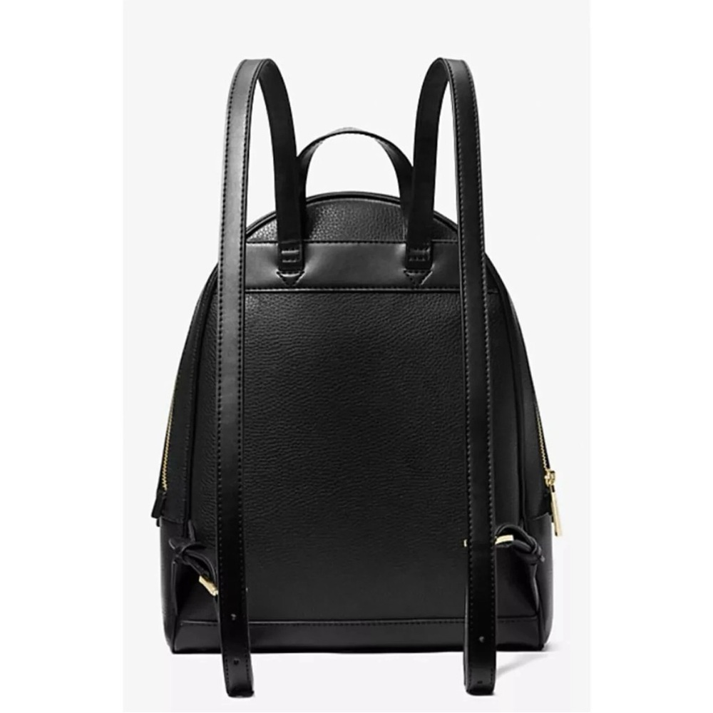 Michael Kors Rhea Medium Pebbled Leather Backpack Black Gold Hardware w Dust Bag - Picture 2 of 7
